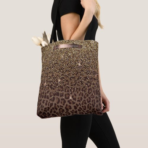 Leopard pattern brown black golden bronze metallic tote bag