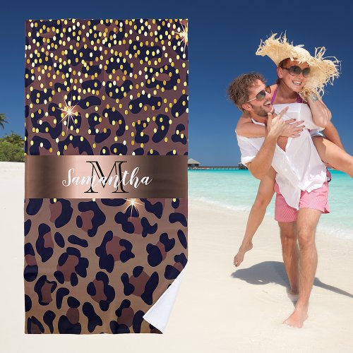 Leopard pattern brown black golden bronze monogram beach towel