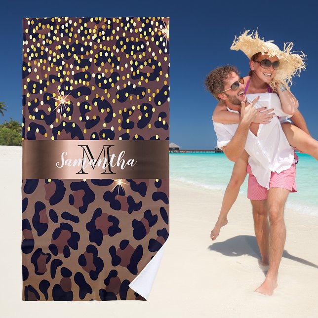 Leopard pattern brown black golden bronze monogram beach towel (Creator Uploaded)