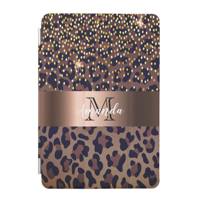 Leopard pattern brown black golden bronze monogram iPad mini cover (Front)