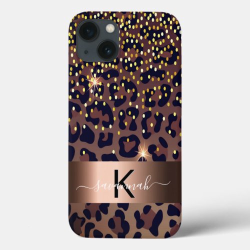 Leopard pattern brown black golden monogram iPhone 13 case