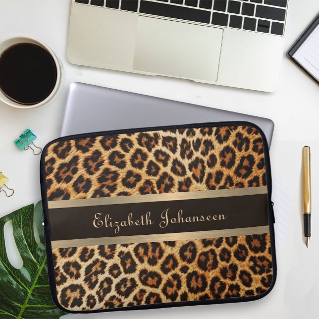 Leopard pattern Brown & Gold Foil Stripe glam Name Laptop Sleeve (Creator Uploaded)