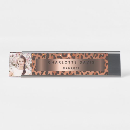 Leopard pattern brown rose gold photo desk name plate