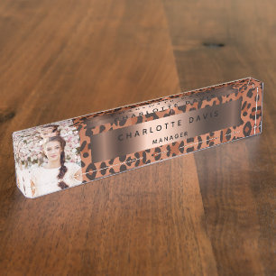 Leopard pattern brown rose gold photo desk name plate