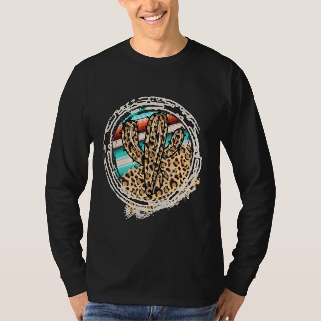Leopard Pattern Cactus Serape Print Cowgirl Rodeo  T-Shirt (Front)