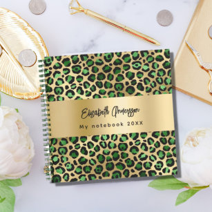 Leopard pattern emerald green gold name  notebook