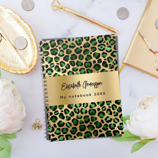 Leopard pattern emerald green gold name notebook (Creator Uploaded)