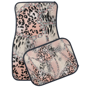 Leopard pattern, flowers, chain, roses car floor mat
