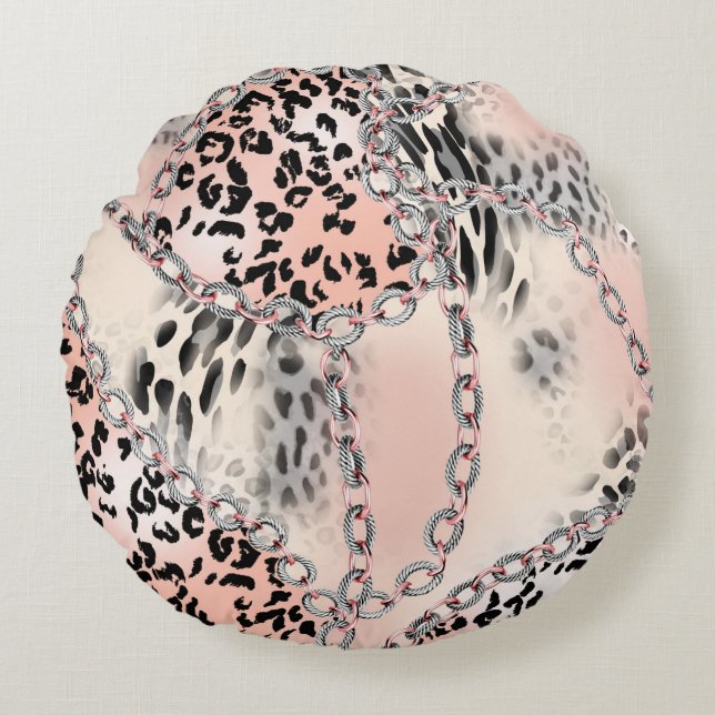 Leopard pattern, flowers, chain, roses round pillow (Front)