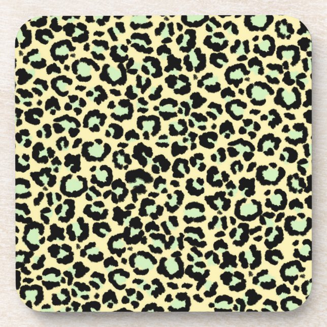 Leopard Pattern in Mint Green on Oatmeal Beverage Coaster (Front)