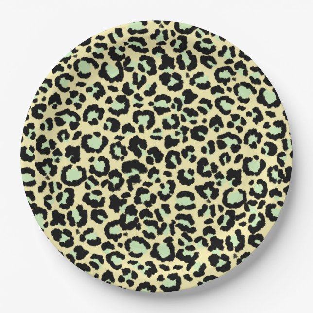 Leopard Pattern in Mint Green on Oatmeal Paper Plates (Front)