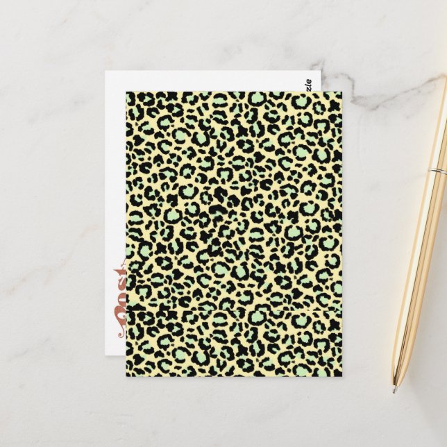 Leopard Pattern in Mint Green on Oatmeal Postcard (Front/Back In Situ)