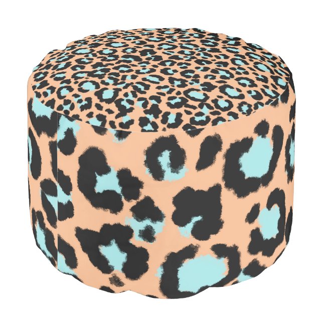 Leopard Pattern in Pale Blue on Pink Rose Pouf (Angled Back)