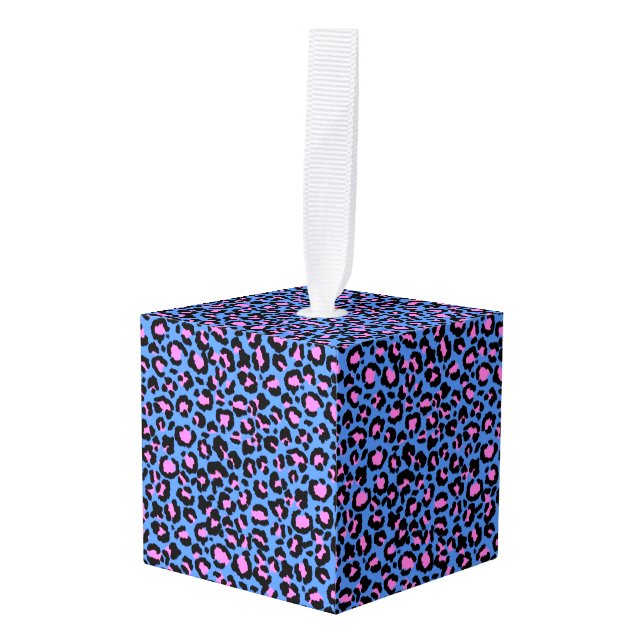 Leopard Pattern in Raspberry on Electric Blue Cube Ornament (Front Angled)