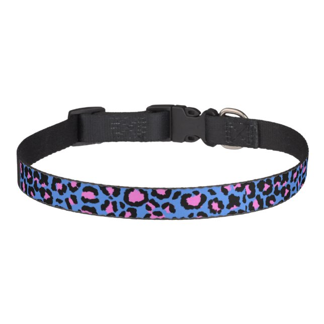 Leopard Pattern in Raspberry on Electric Blue Pet Collar (Front)