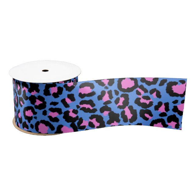 Leopard Pattern in Raspberry on Electric Blue Satin Ribbon (Spool)