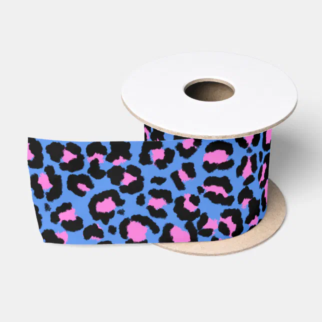 Leopard Pattern in Raspberry on Electric Blue Satin Ribbon | Zazzle
