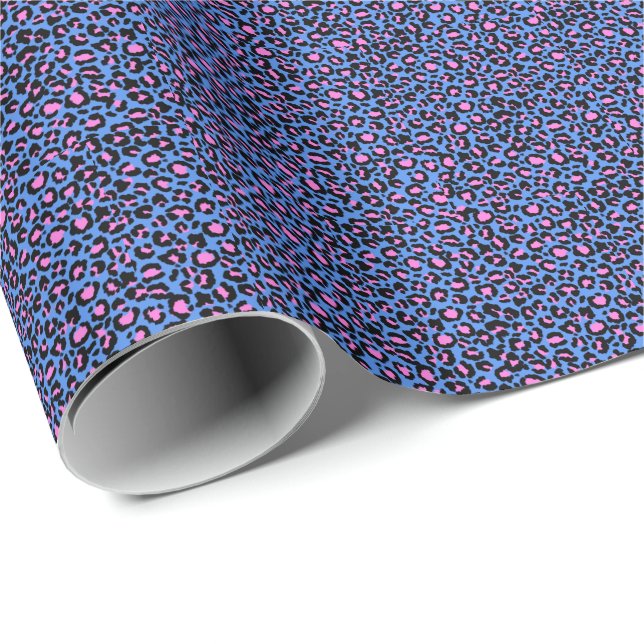 Leopard Pattern in Raspberry on Electric Blue Wrapping Paper (Roll Corner)