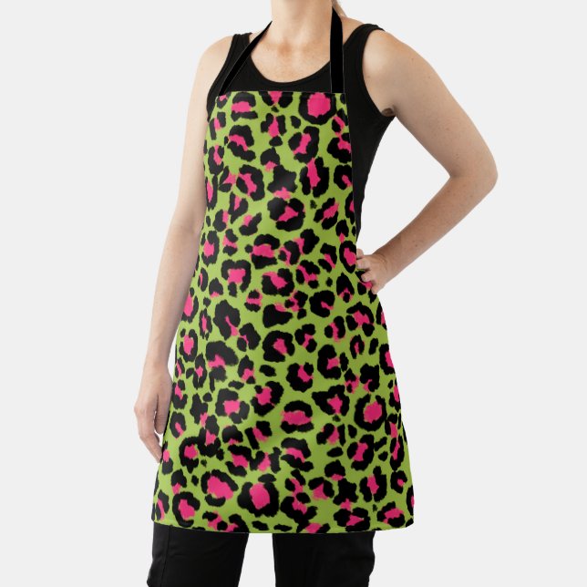 Leopard Pattern in Raspberry on Lime Green Apron (Insitu)
