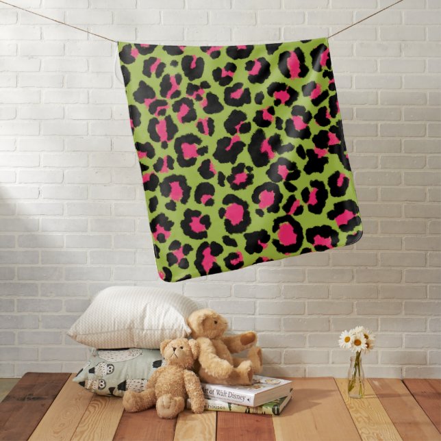 Leopard Pattern in Raspberry on Lime Green Baby Blanket (In Situ)