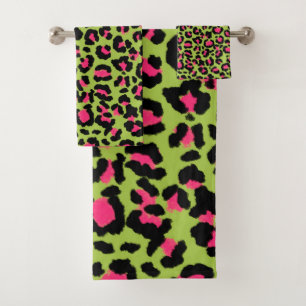 Leopard Pattern in Raspberry on Lime Green Bath Towel Set