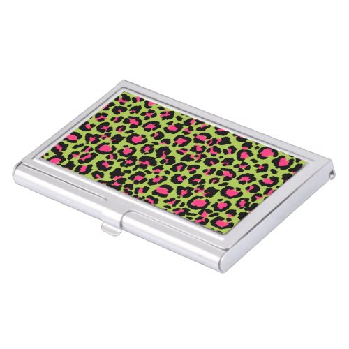 Leopard Pattern in Raspberry on Lime Green Business Card Case