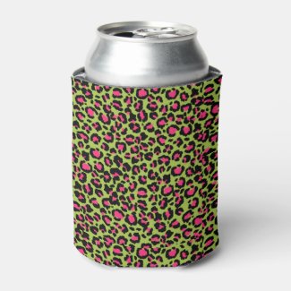 Leopard Pattern in Raspberry on Lime Green Can Cooler