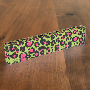 Leopard Pattern in Raspberry on Lime Green Desk Name Plate