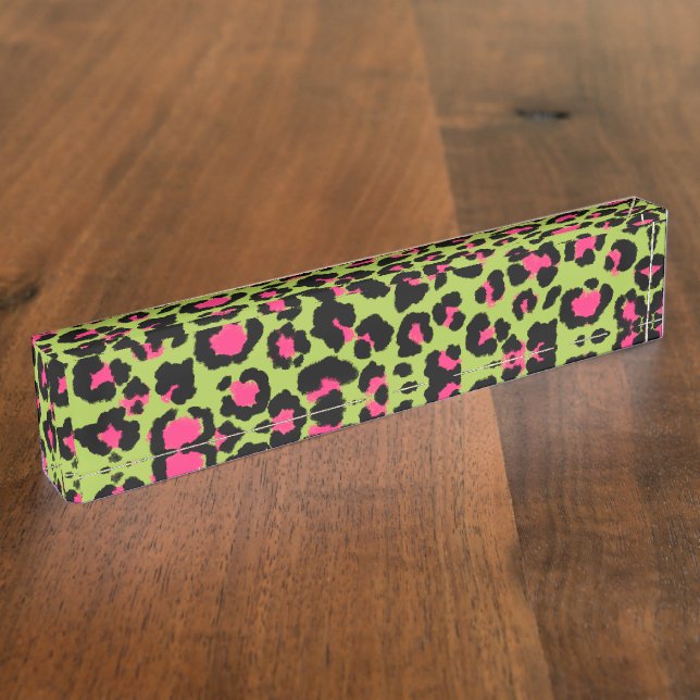 Leopard Pattern in Raspberry on Lime Green Desk Name Plate (Side)
