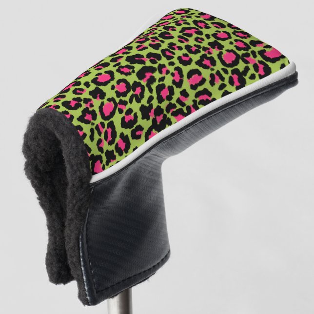 Leopard Pattern in Raspberry on Lime Green Golf Head Cover (3/4 Front)