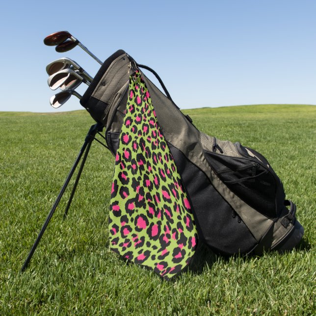 Leopard Pattern in Raspberry on Lime Green Golf Towel (Green)