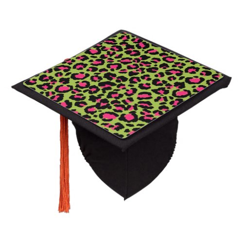Leopard Pattern in Raspberry on Lime Green Graduation Cap Topper