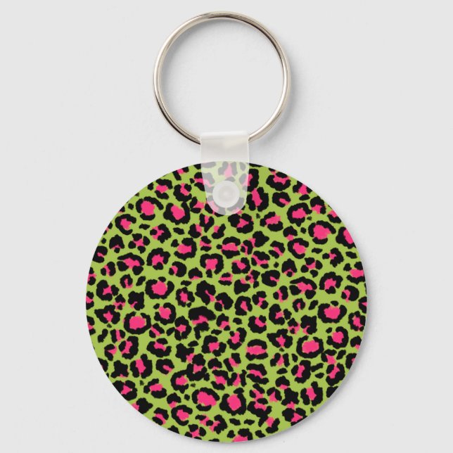 Leopard Pattern in Raspberry on Lime Green Keychain (Front)