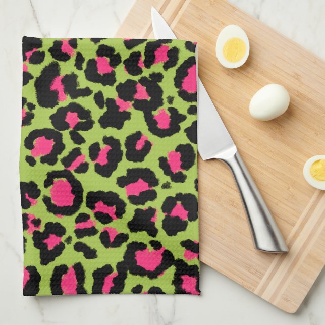 Leopard Pattern in Raspberry on Lime Green Kitchen Towel (Quarter Fold)