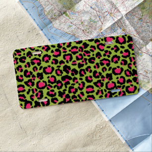 Leopard Pattern in Raspberry on Lime Green License Plate