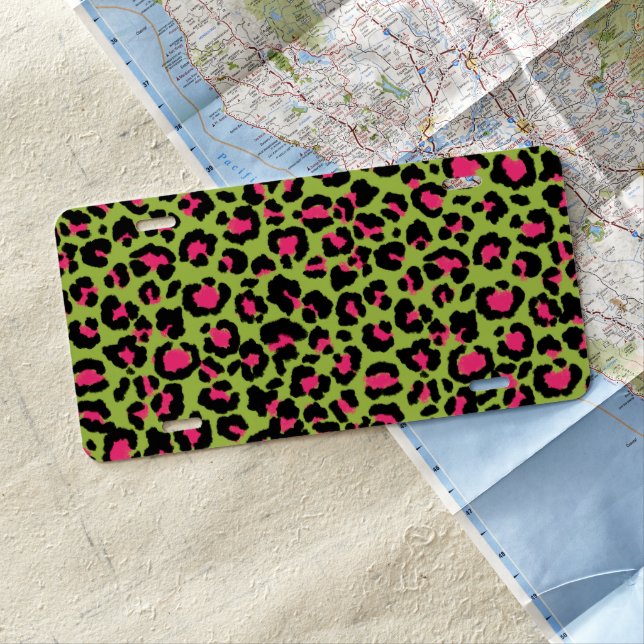 Leopard Pattern in Raspberry on Lime Green License Plate (In Situ)