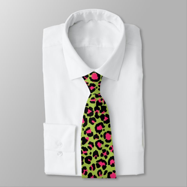 Leopard Pattern in Raspberry on Lime Green Neck Tie (Tied)