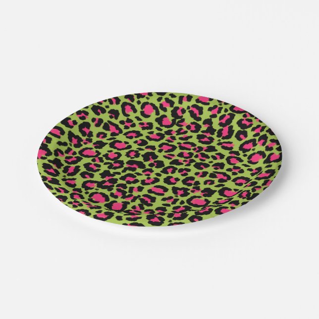Leopard Pattern in Raspberry on Lime Green Paper Plates (Angled)