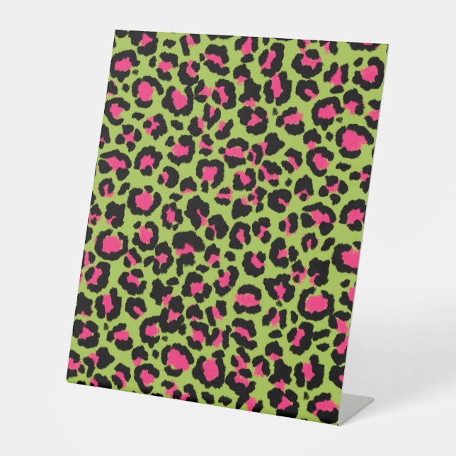 Leopard Pattern in Raspberry on Lime Green Pedestal Sign (Front)