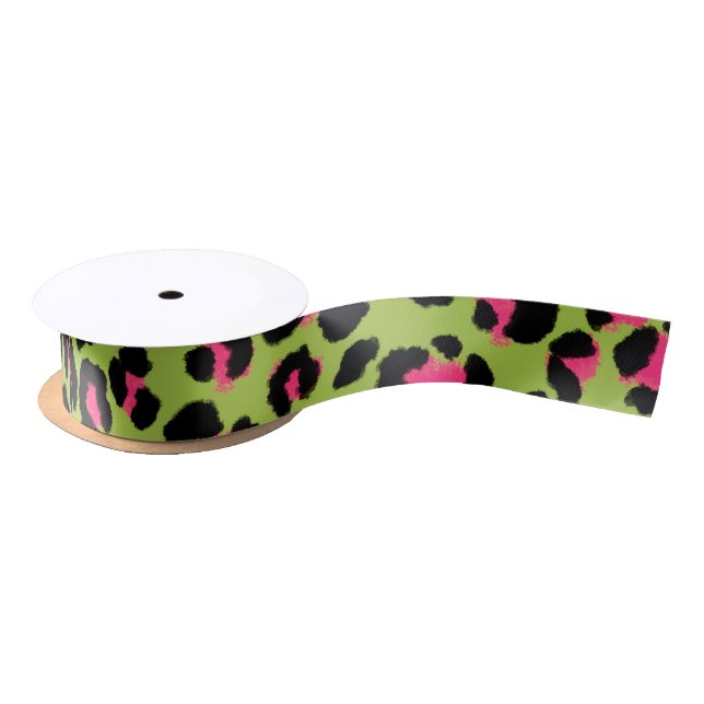 Leopard Pattern in Raspberry on Lime Green Satin Ribbon (Spool)