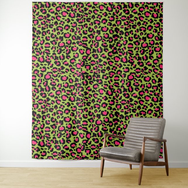 Leopard Pattern in Raspberry on Lime Green  Tapestry (In Situ)