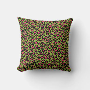 Leopard Pattern in Raspberry on Lime Green Throw Pillow