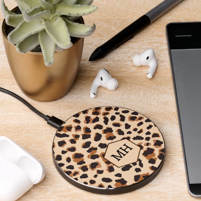 Leopard Pattern Monogram Chic Girly Brown Animal Wireless Charger (Desk 2)