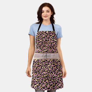 Leopard Pattern Monogram Rose Gold Black Apron