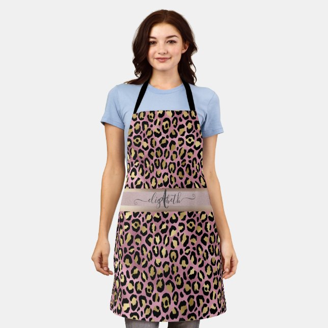 Leopard Pattern Monogram Rose Gold Black    Apron (Worn)