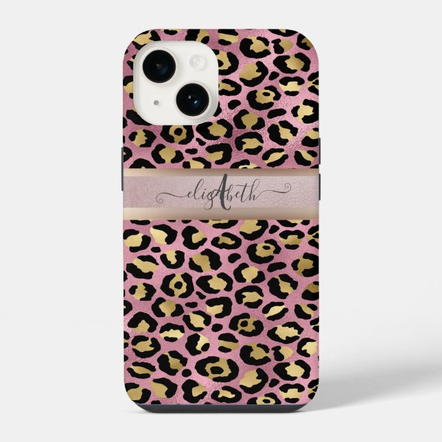Leopard Pattern Monogram Rose Gold Black  Iphone Case (Back)