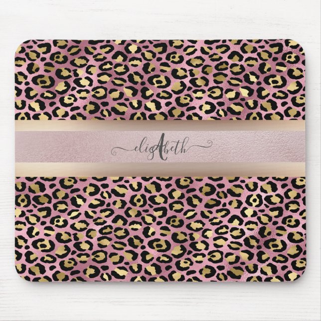 Leopard Pattern Monogram Rose Gold Black  Mouse Pad (Front)