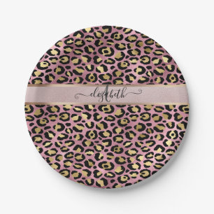 Leopard Pattern Monogram Rose Gold Black Paper Plates