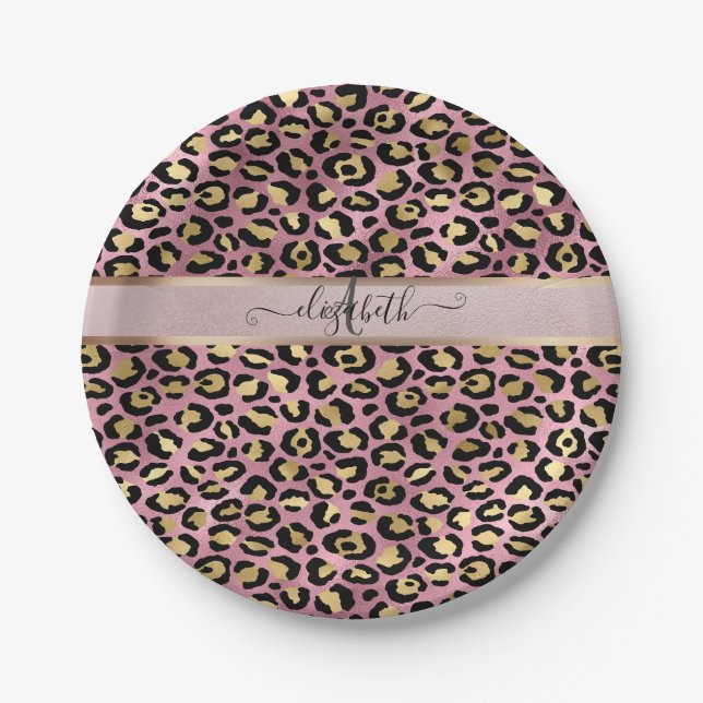 Leopard Pattern Monogram Rose Gold Black  Paper Plates (Front)
