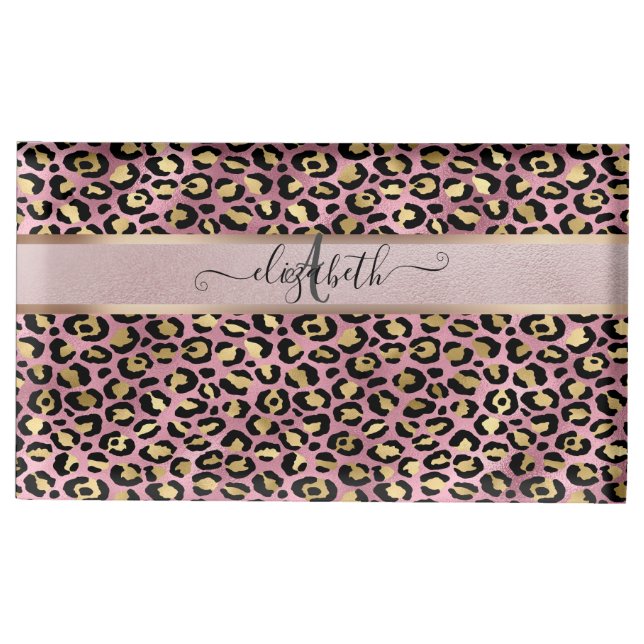 Leopard Pattern Monogram Rose Gold Black  Place Card Holder (Front)